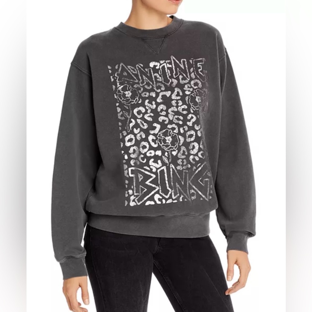 Anine Bing Womens Ramona Panther Print Dark Gray Silver Foil Sweatshirt Sz Large